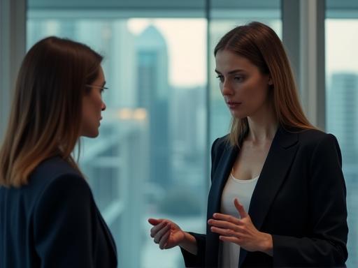Two HR professionals discussing strategy in a modern office.